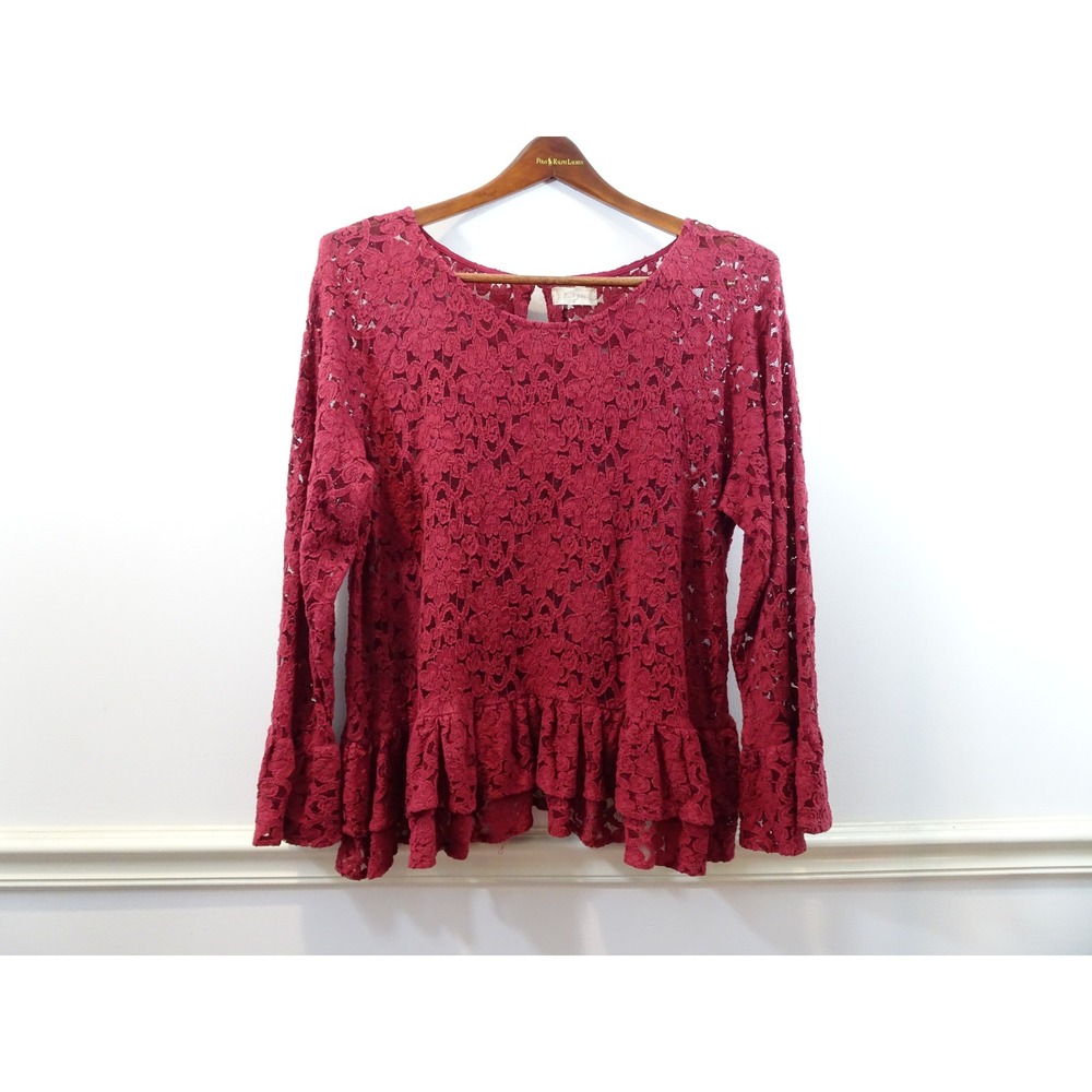 Altar'd State Womens Lace Tiered Ruffle Hem Top Burgundy Long Sleeve Large